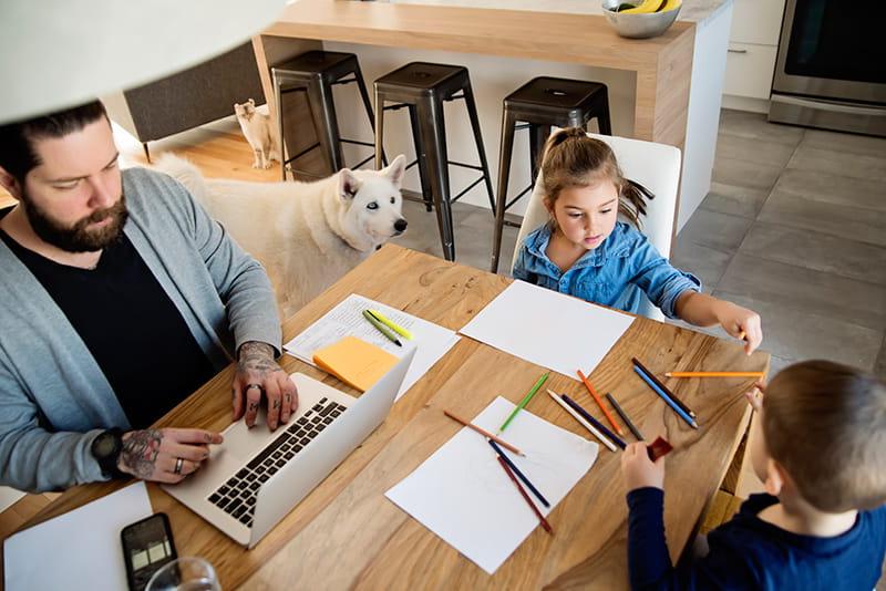孩子们画狗的时候，爸爸在厨房用笔记本电脑